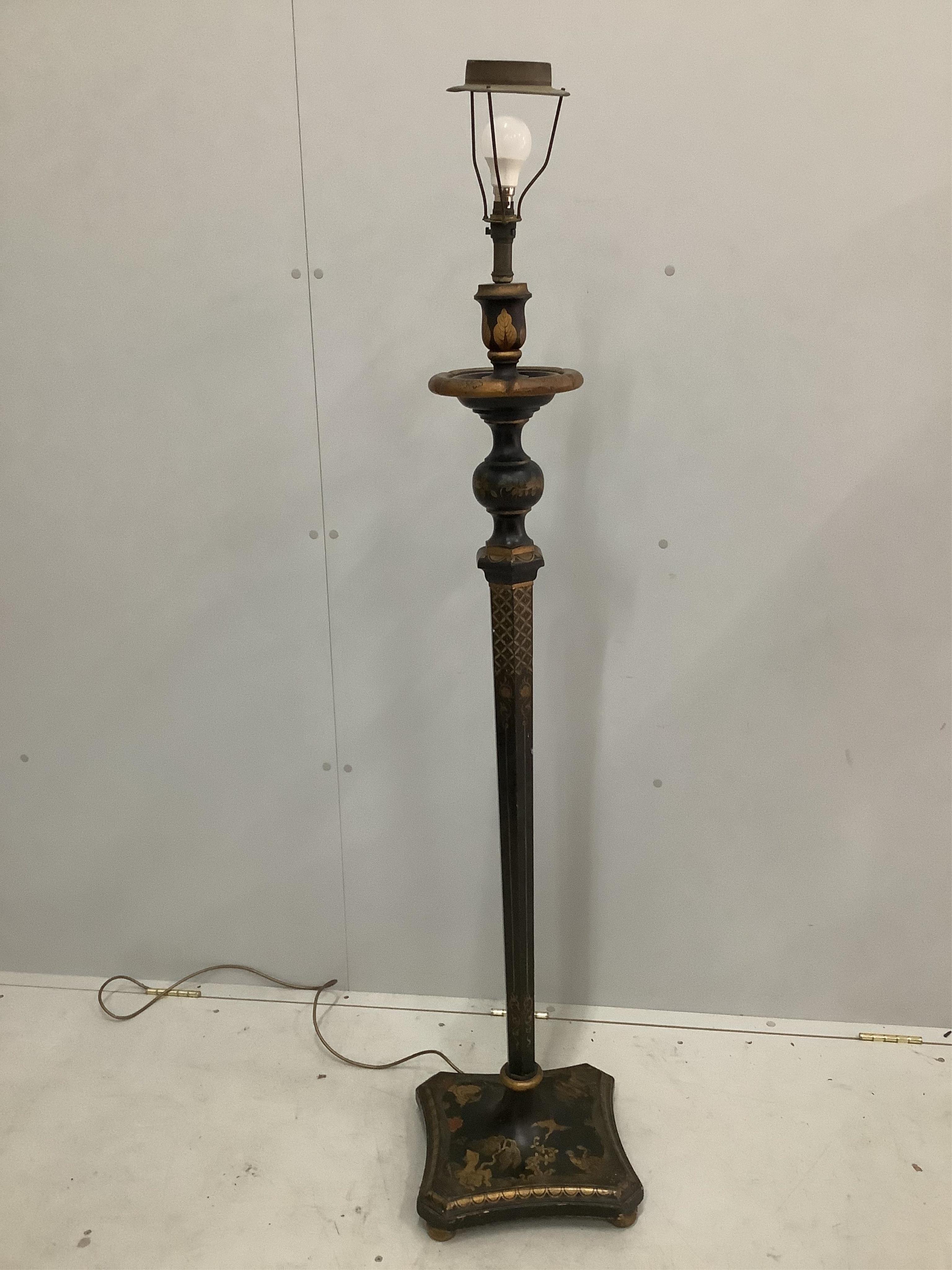 An early 20th century chinoiserie lacquer standard lamp, height including shade 162cm. Condition - fair